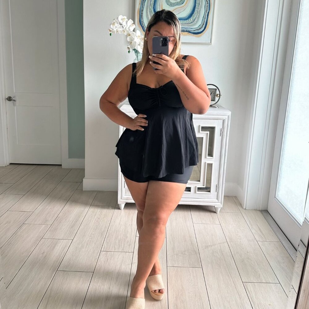 Plus size two-piece tankini swimsuit with tummy control and shorts